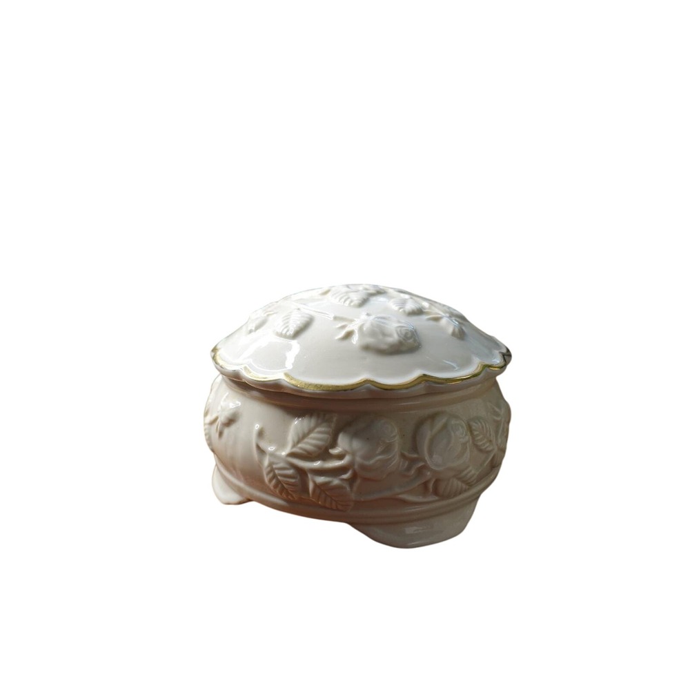 Vintage Cream Rose Embossed Trinket Box Jewelry Dish Gold Trim Decorative Accent